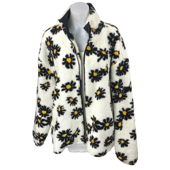 Wesc Women's White Daisy Floral Sherpa Fleece Full Zip Oversized Coat Jacket XL - Picture 1 of 6
